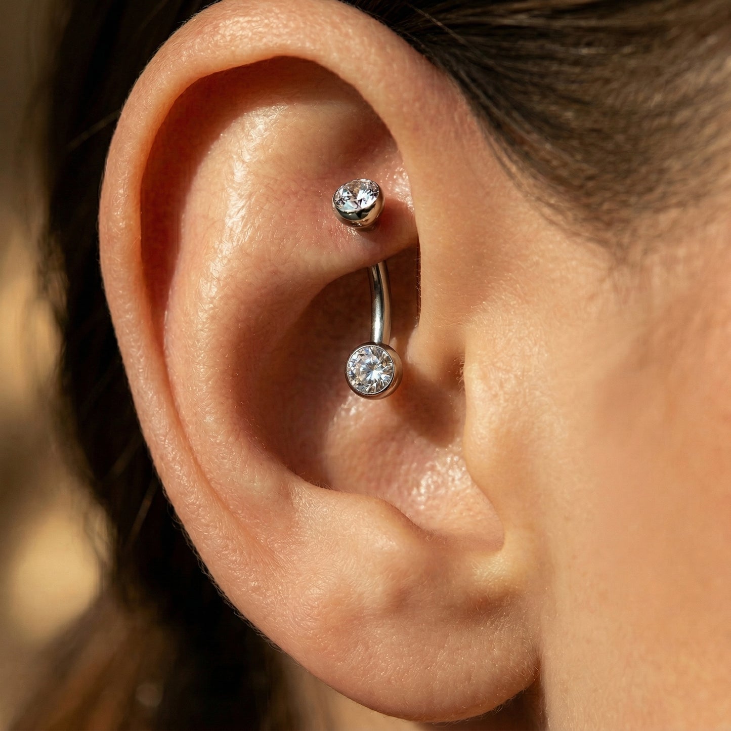 TITANIUM DAINTY DOUBLE CRYSTAL THREADLESS CURVED BARBELL - 16 GAUGE - 8MM