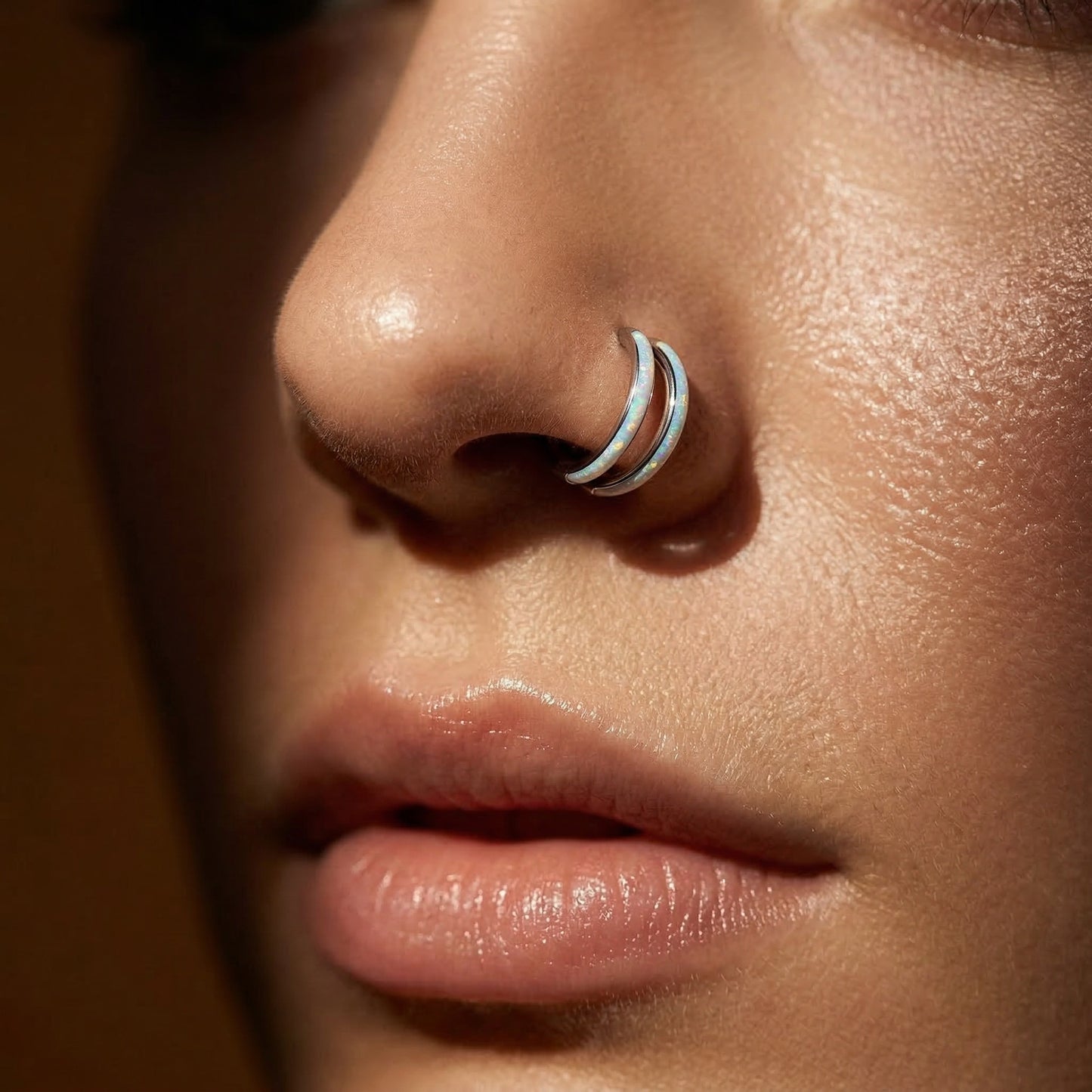 TITANIUM WHITE OPAL EDITION DOUBLE LOOP LINED NOSE  RING / EAR HOOP - 8MM - 20 GAUGE