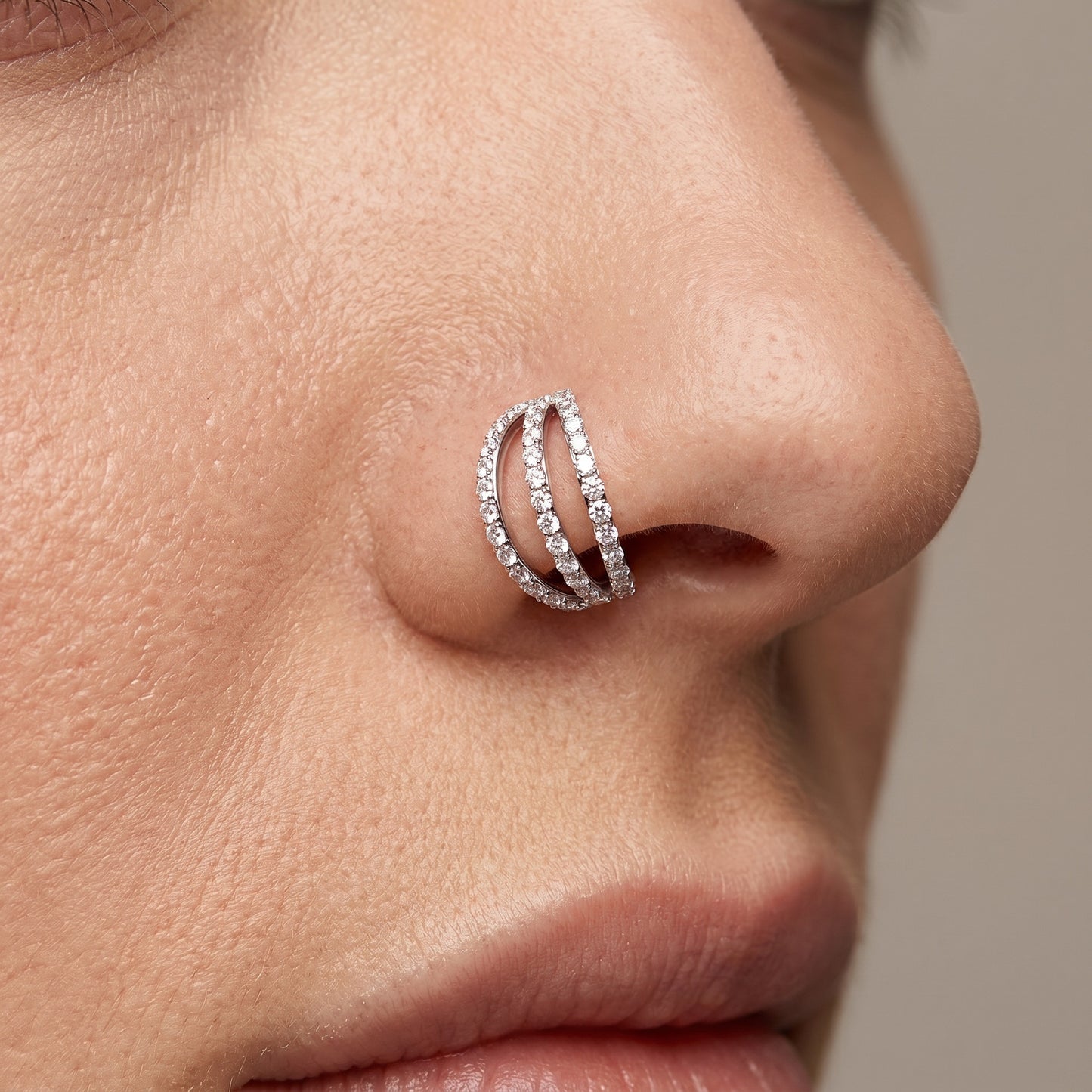 TITANIUM TRIPLE CRYSTAL LINED NOSE  RING / EAR HOOP - 7MM - 20 GAUGE