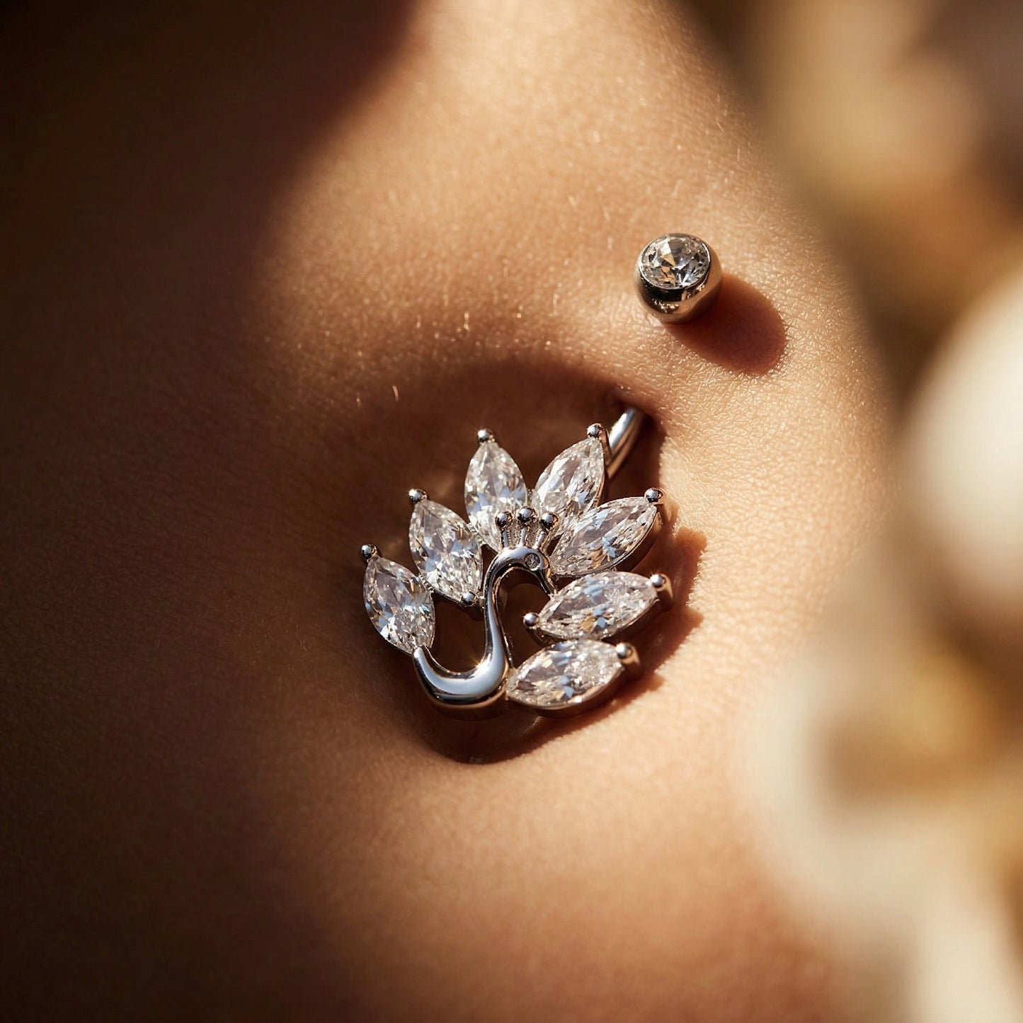 CRYSTAL PEACOCK BELLY BUTTON RING - 10MM